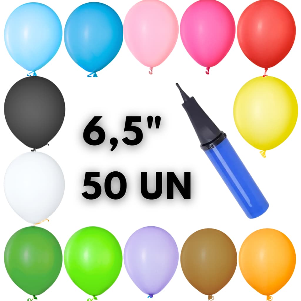 Kit 50 Balão Liso + Bomba de Encher Bexiga Festa Decoração 6'' Bola Festa Surpresa Aniversário