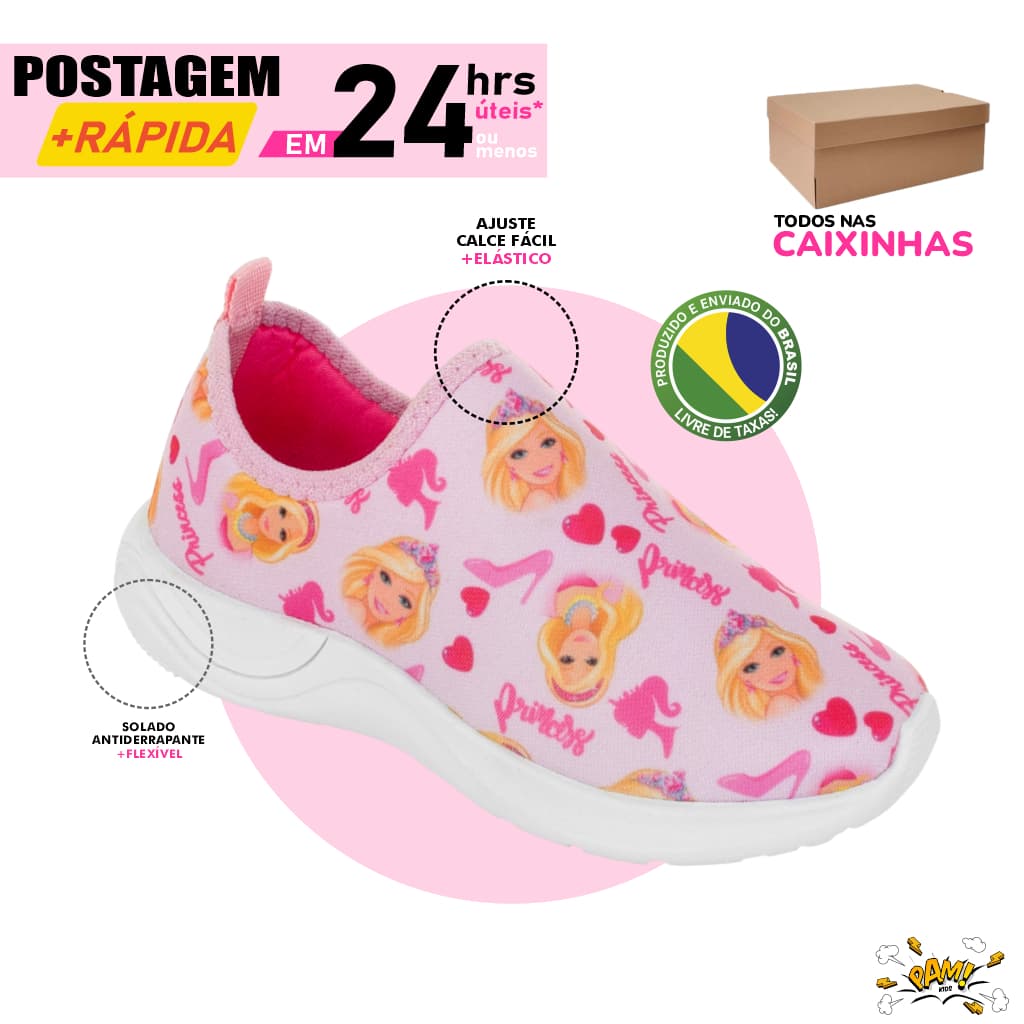 Tênis Feminino Infantil Calce Fácil Menina Sapato de enfiar o pé estampado princesa Rosa na caixinha