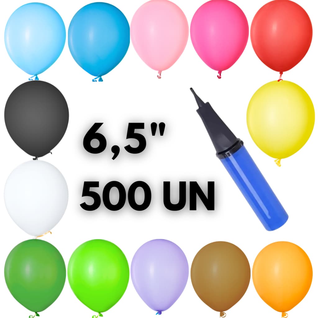 Kit 500 Balão + Bomba de Encher Bexiga Decoração 6'' Comemoração Bola Festa Surpresa Aniversário