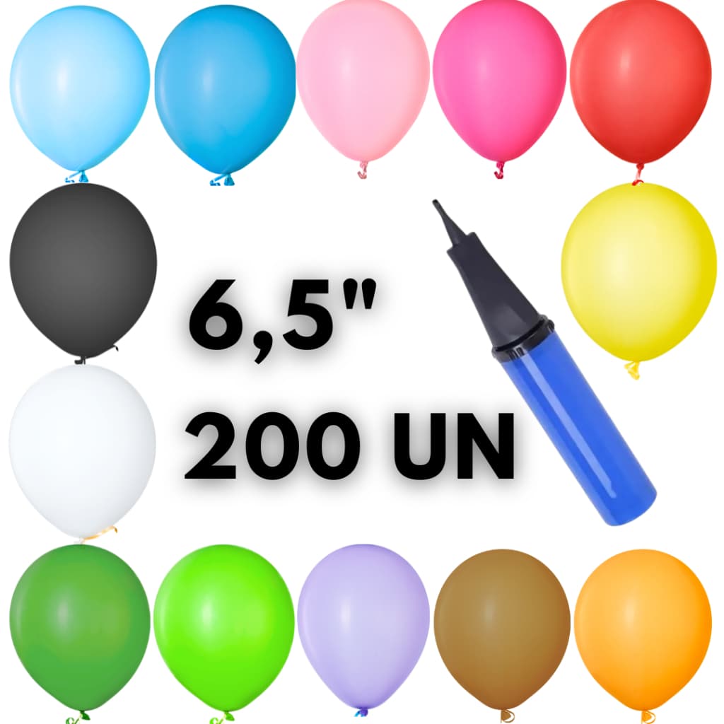 Kit 200 Balão Liso + Bomba de Encher Bexiga Festa Decoração 6 Polegadas Aniversário Comemoração