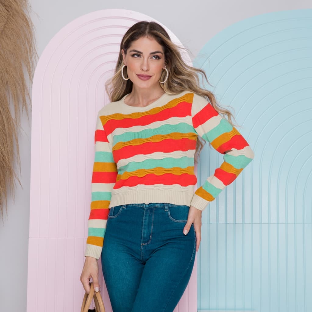 Blusa Cropped Trico Listrada Colorida Moda Feminina