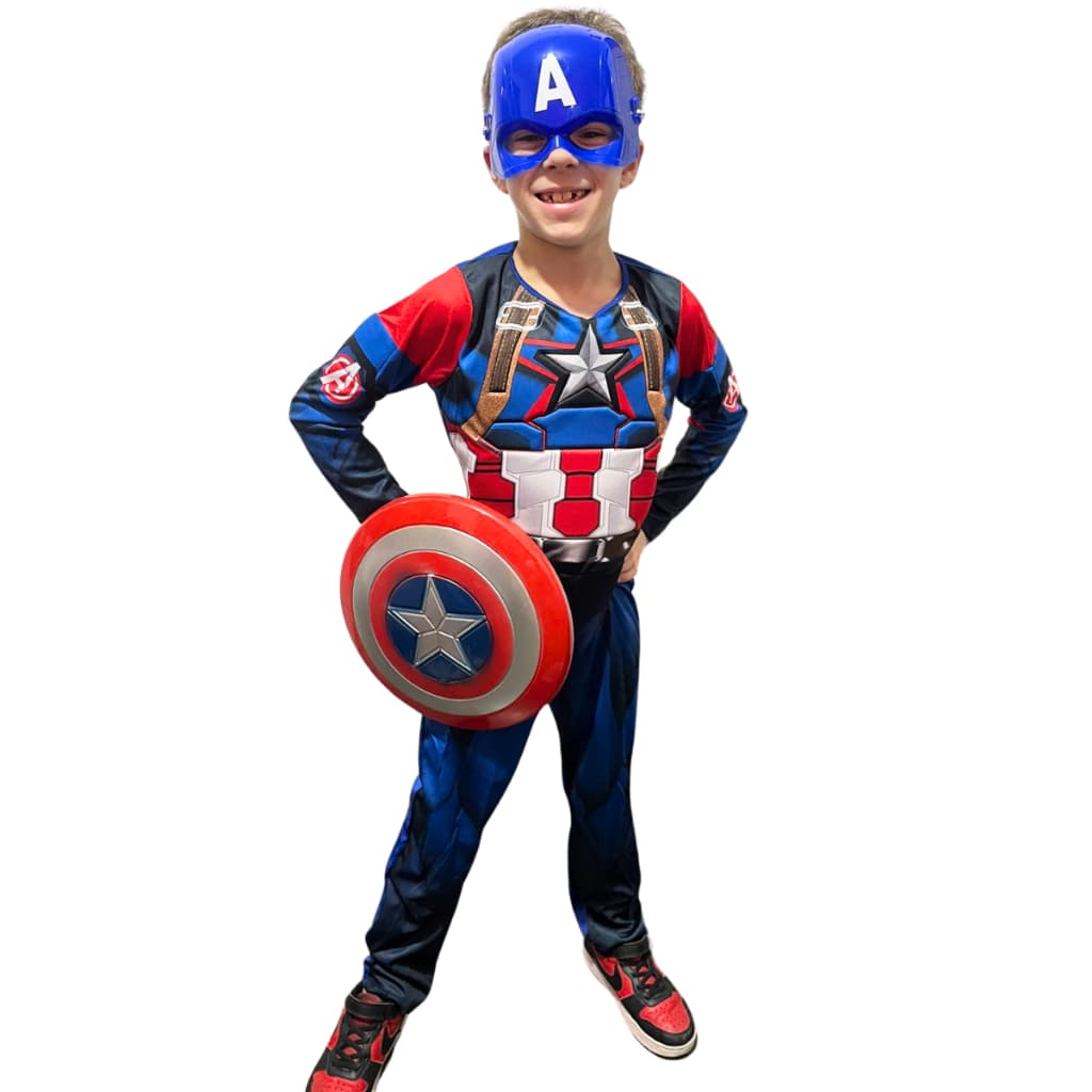 Fantasia Infantil do Capitão América Longa Com Enchimento Escudo E Mascara Plástico