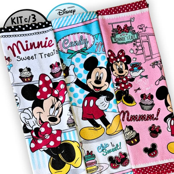 3 Panos de Prato Mickey Minnie Cozinha Copa Original Disney Guardanapo Estampado Dohler Qualidade Felpudo