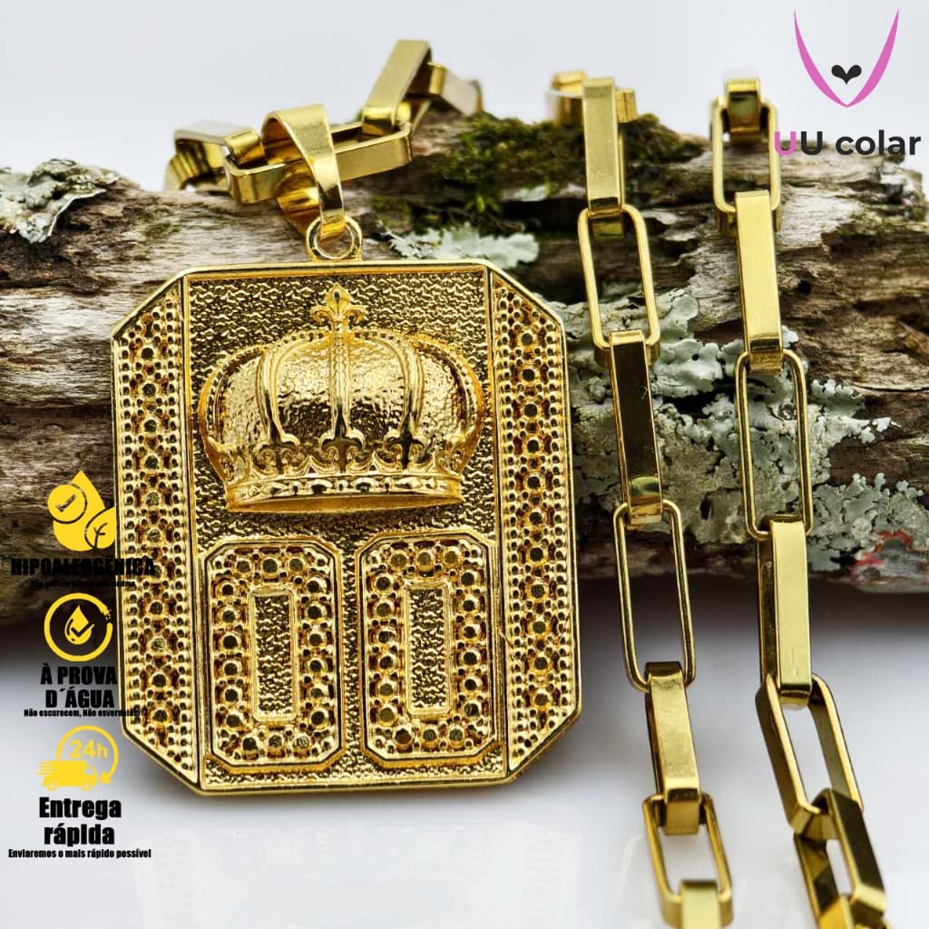 Pingente 00 Coroa Buzeira G com Corrente Longa - Caixa Banhada a Ouro 18K 3D