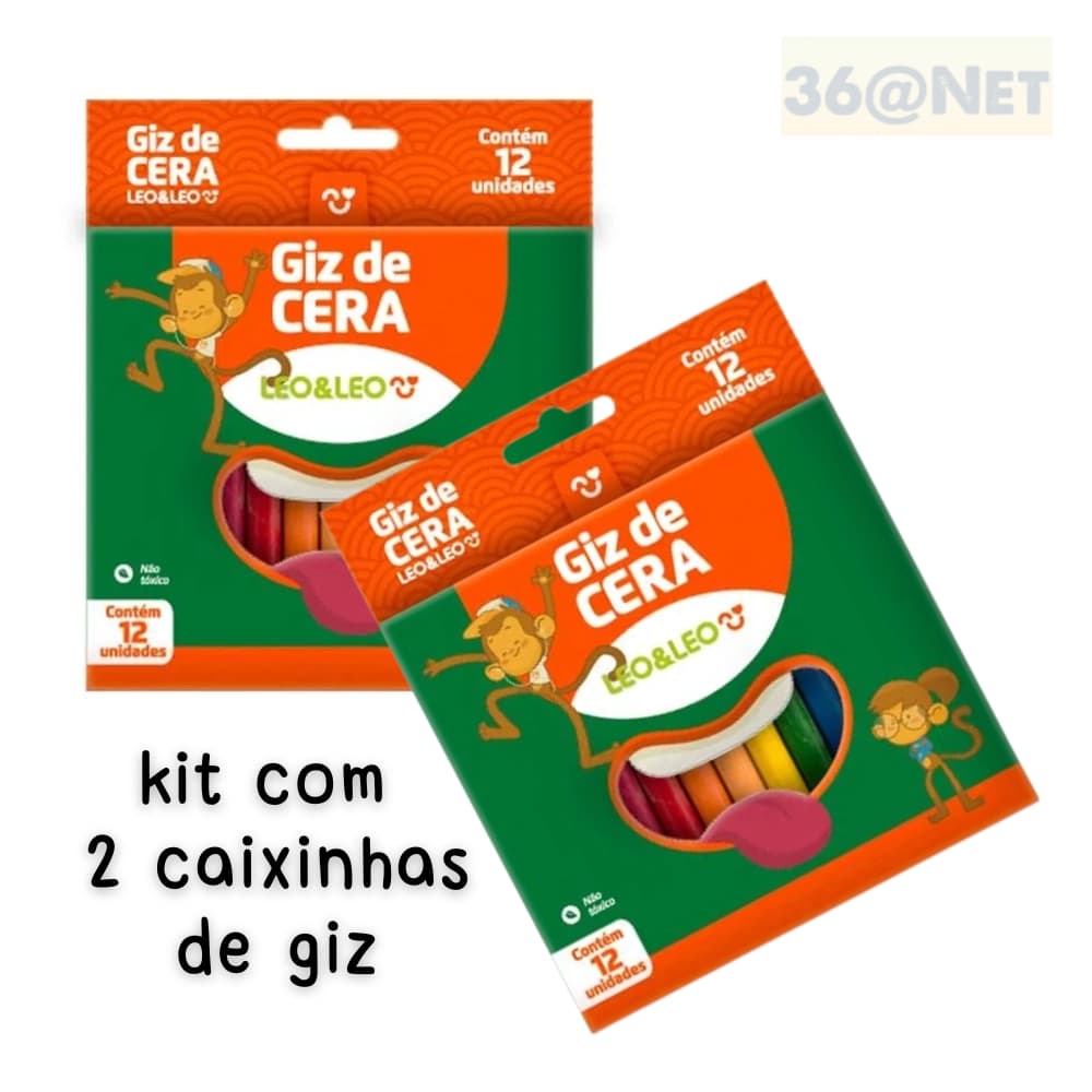 Giz de Cera Infantil 12 cores Kit c/ 2 unidades Leo e Leo