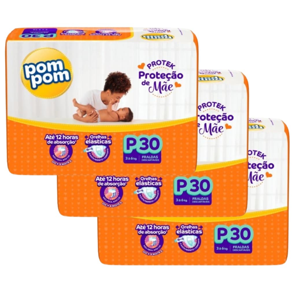 Kit 3 Fralda Pom Pom Protek Proteção de Mãe Tamanho P Pacote Jumbo - Total 90 Unidades