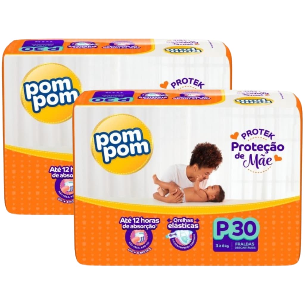 Kit 2 Fralda Pom Pom Protek Proteção de Mãe Tamanho P Pacote Jumbo - Total 60 Unidades