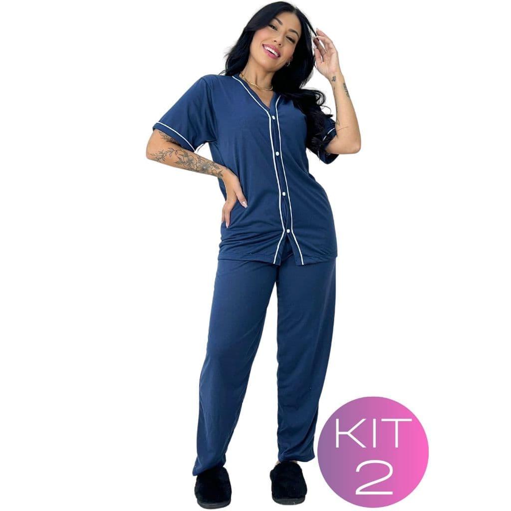 Kit 2 Pijama Longo Americano Malha Adulto Manga Curta Confortável Blogueira Amamentação Meia Estação
