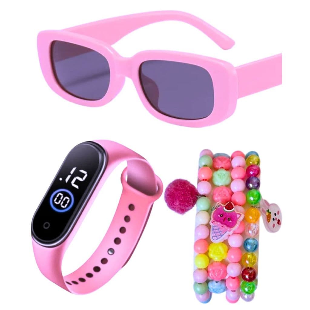 Relógio Infantil De Pulso Digital Led à prova d'água + Óculos De Sol Infantil UV Retro + Ki 4 Pulseiras Miçangas - presente para Meninas