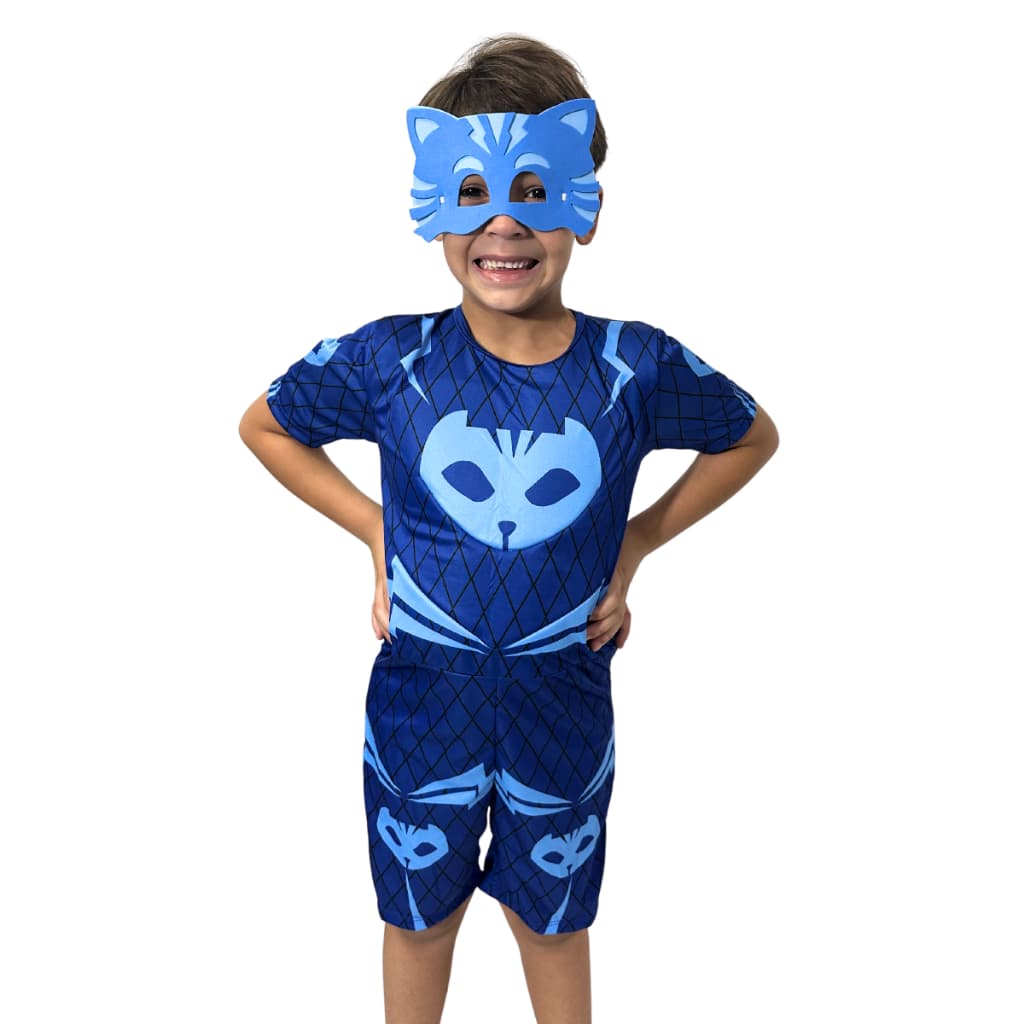 Fantasia Do Menino Gato Infantil Curta Com Mascara De E.V.A Simples Pj Masks