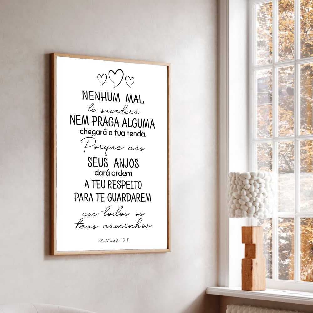 Quadro Decorativo Salmo 91 Nenhum Mal Te Sucederá Lettering Corações Moldura Caixa TokQuadros