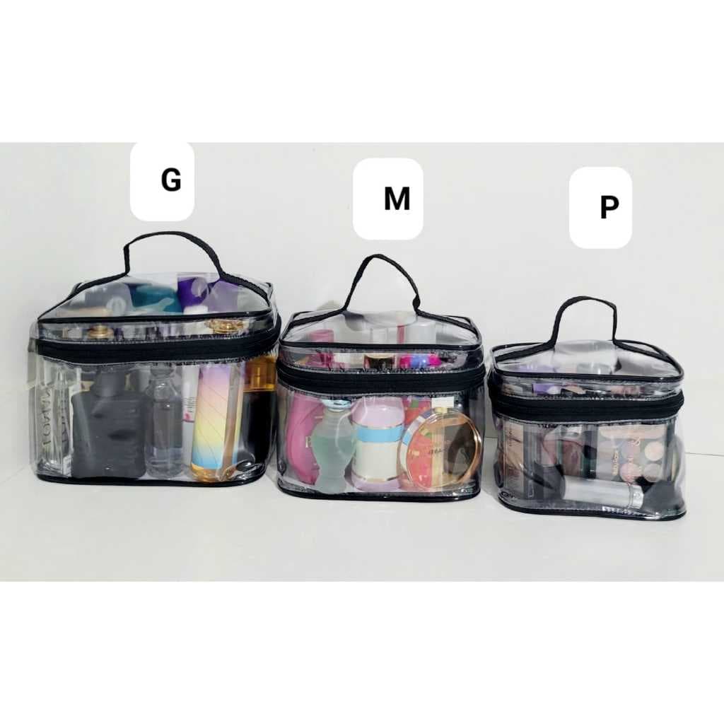 FRASQUEIRA NECESSAIRE  TRANSPARENTE CRISTAL FRISO PRETO, MAQUIAGEM, PRODUTOS HIGIENE PESSOAL