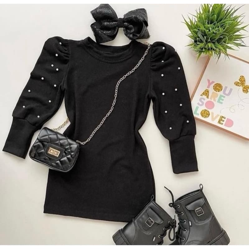 Vestido Infantil Lanzinha com Pérolas Manga Bufante Moda Inverno Menina
