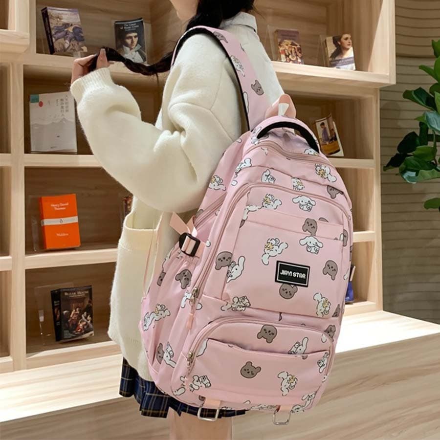 Mochila Feminina de Ursinho impermeável fofa e delicada Bolsa Escolar Multi-Compartimentos Reforçada