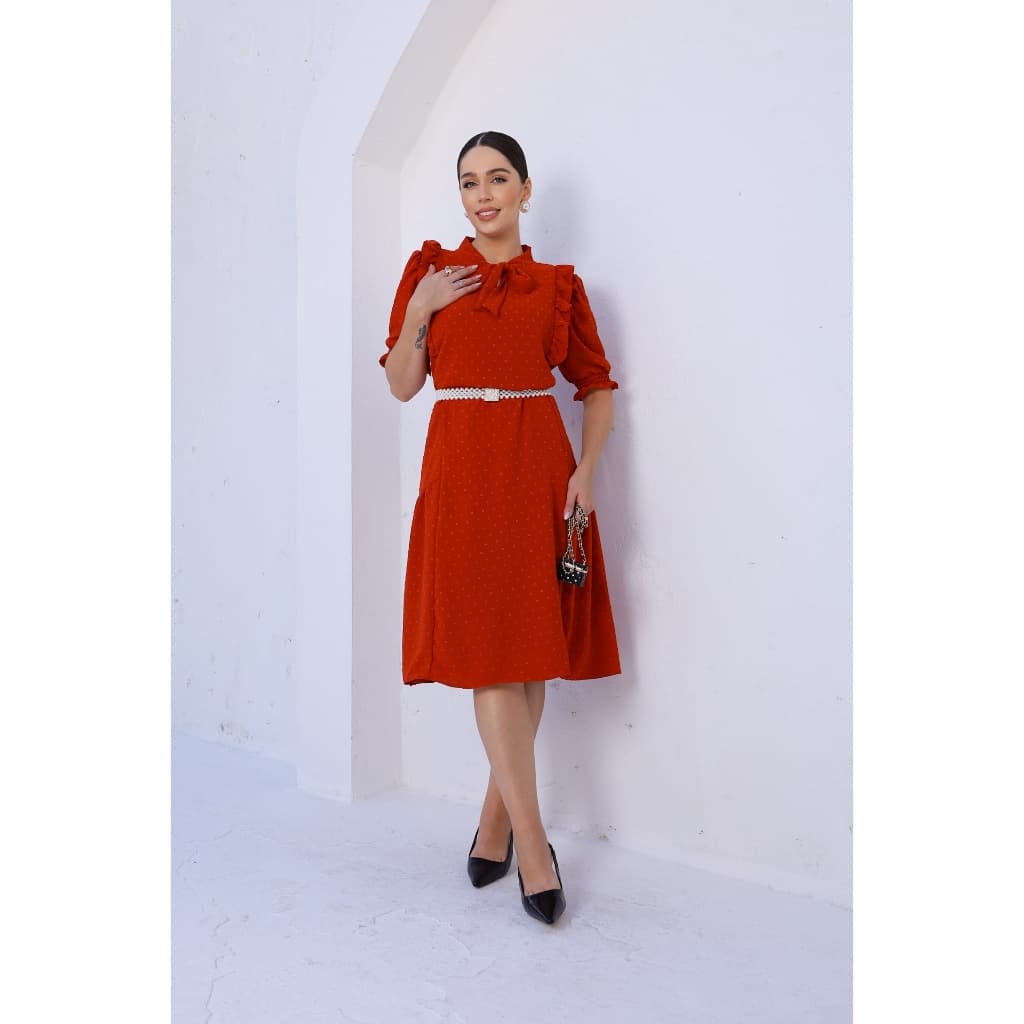 L.L.modas feminina   vestido midi feminina manga curta com forro tecido duna pipoca(sem cinto)