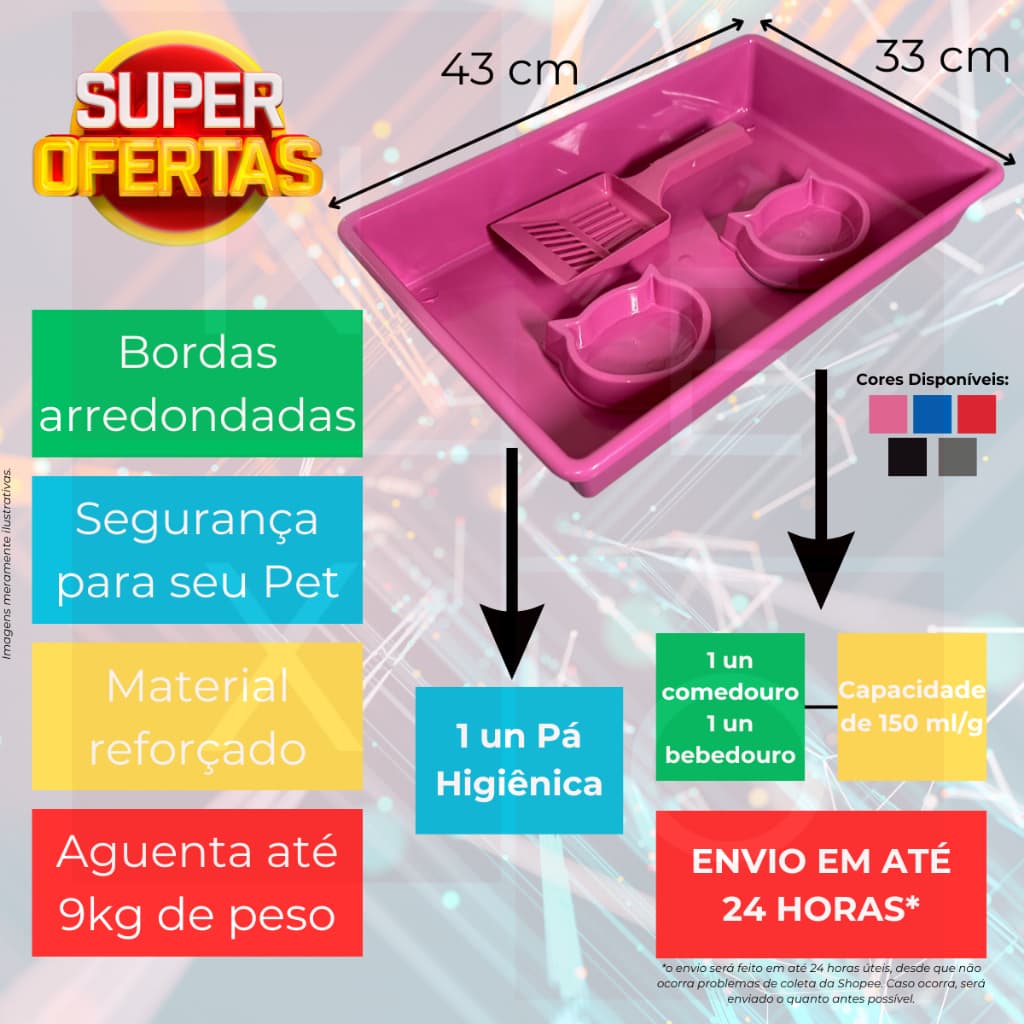 Kit Caixa de Areia Higiênica Banheira Para Gato Gatos com Pá Comedouro e Bebedouro