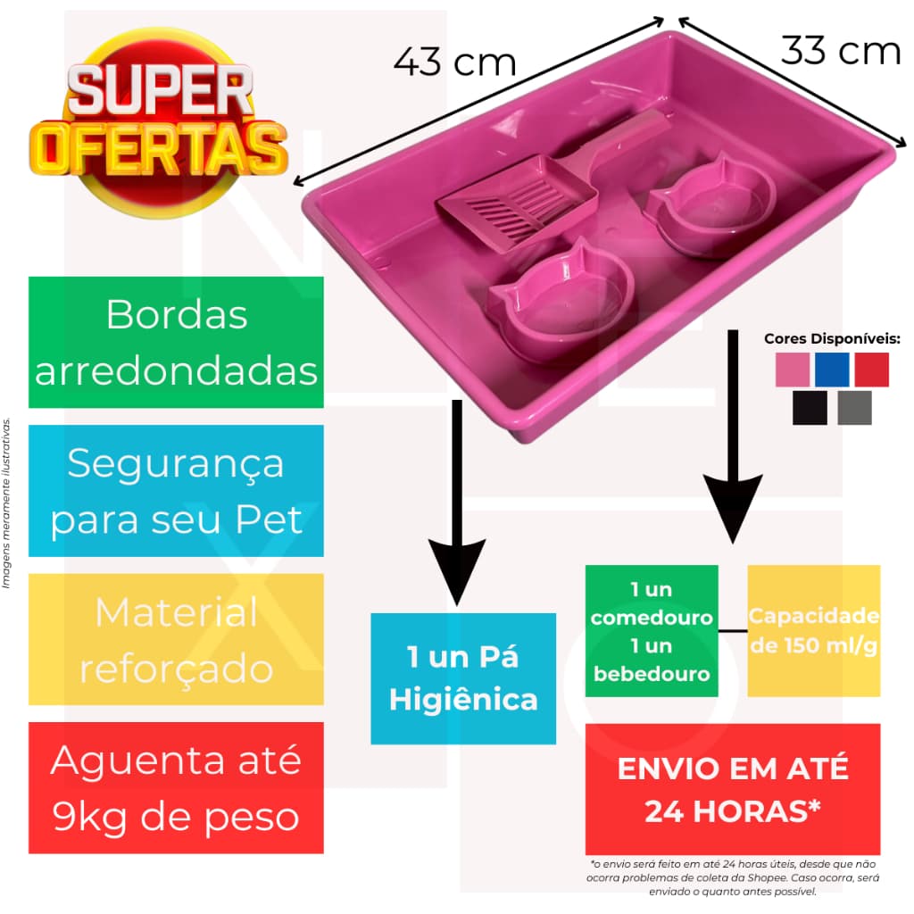 Kit Banheira Caixa de Areia Higiênica Para Gato Gatos com Pá Comedouro e Bebedouro