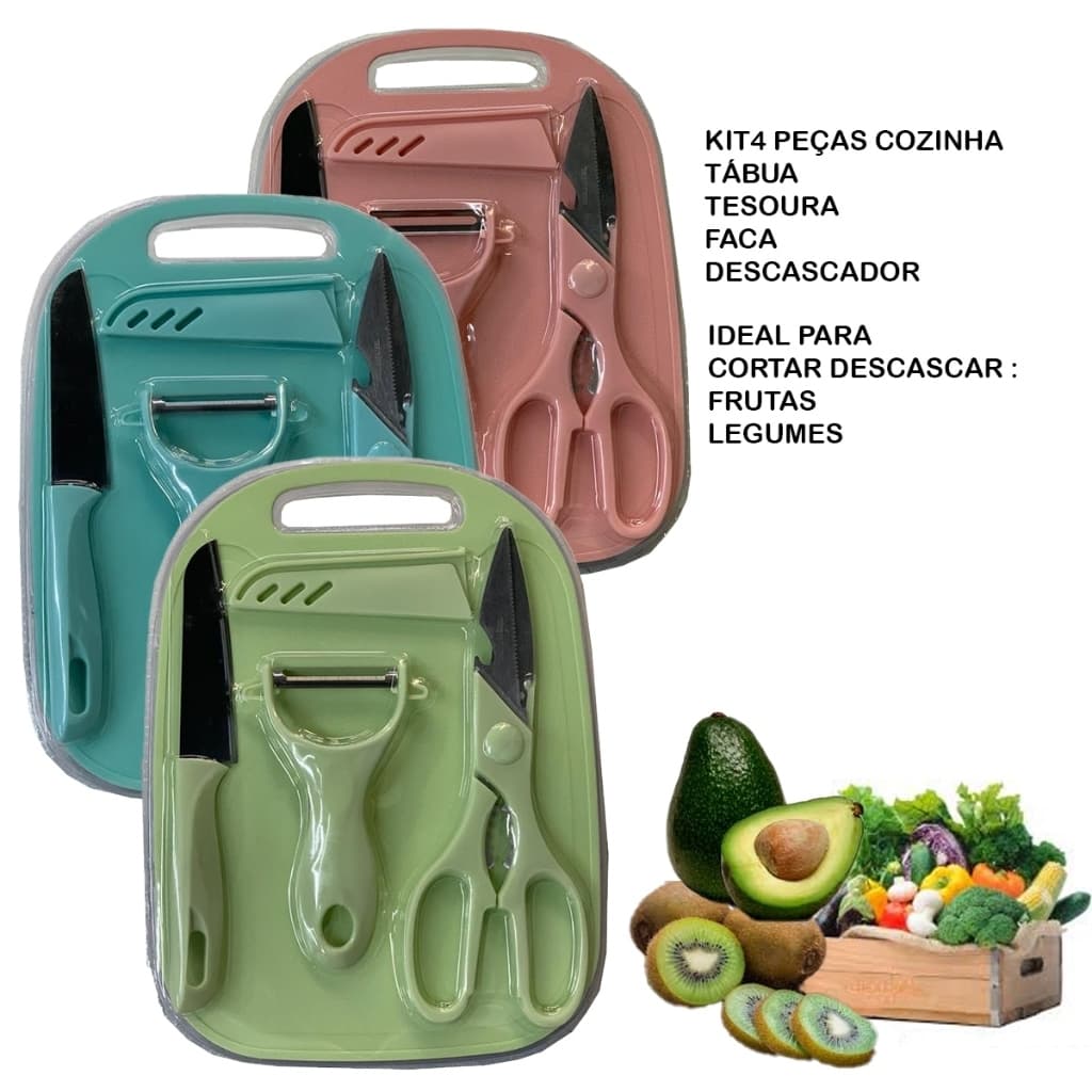 Kit de Utensílios de Cozinha 4 Peças - Faca Tesoura Descascador Tábua Culinária Inox