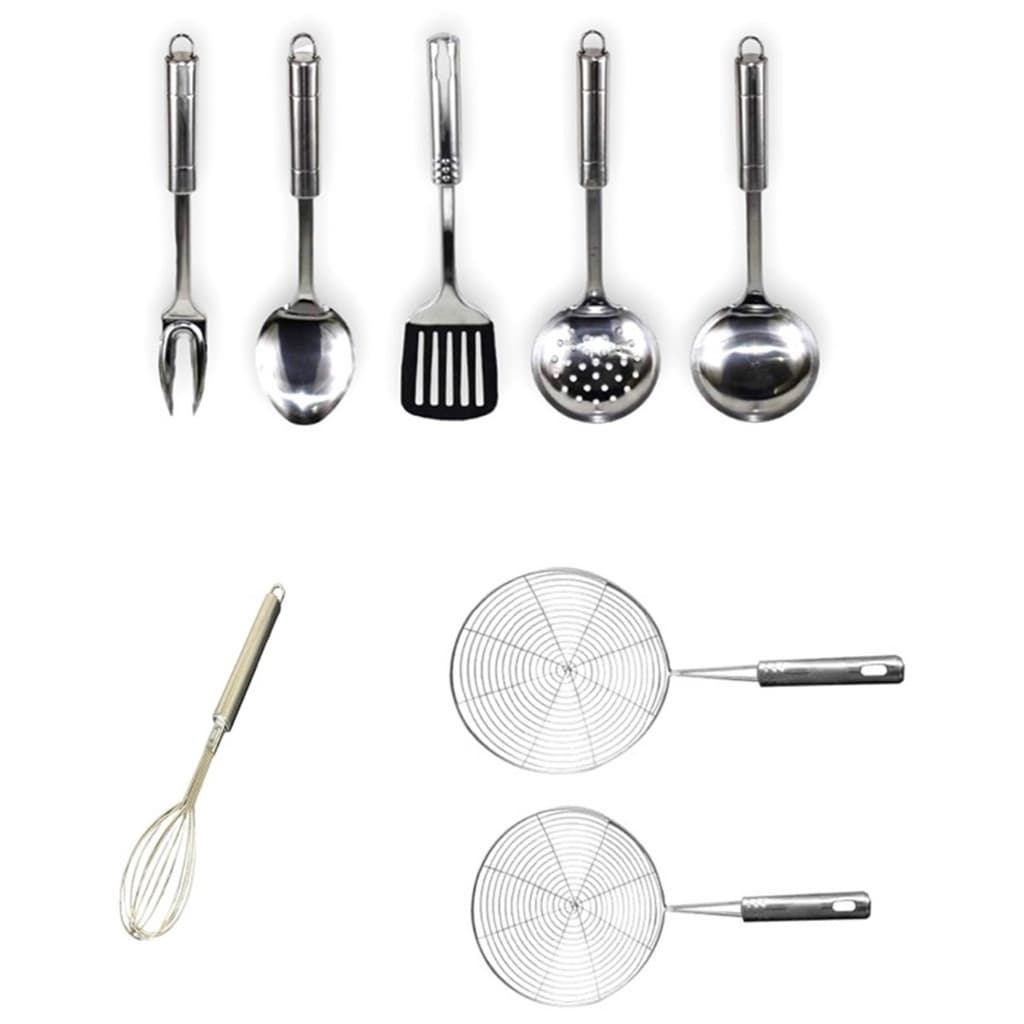Jogo Kit 8 Utensílios De Cozinha Inox Colher Escumadeira Concha