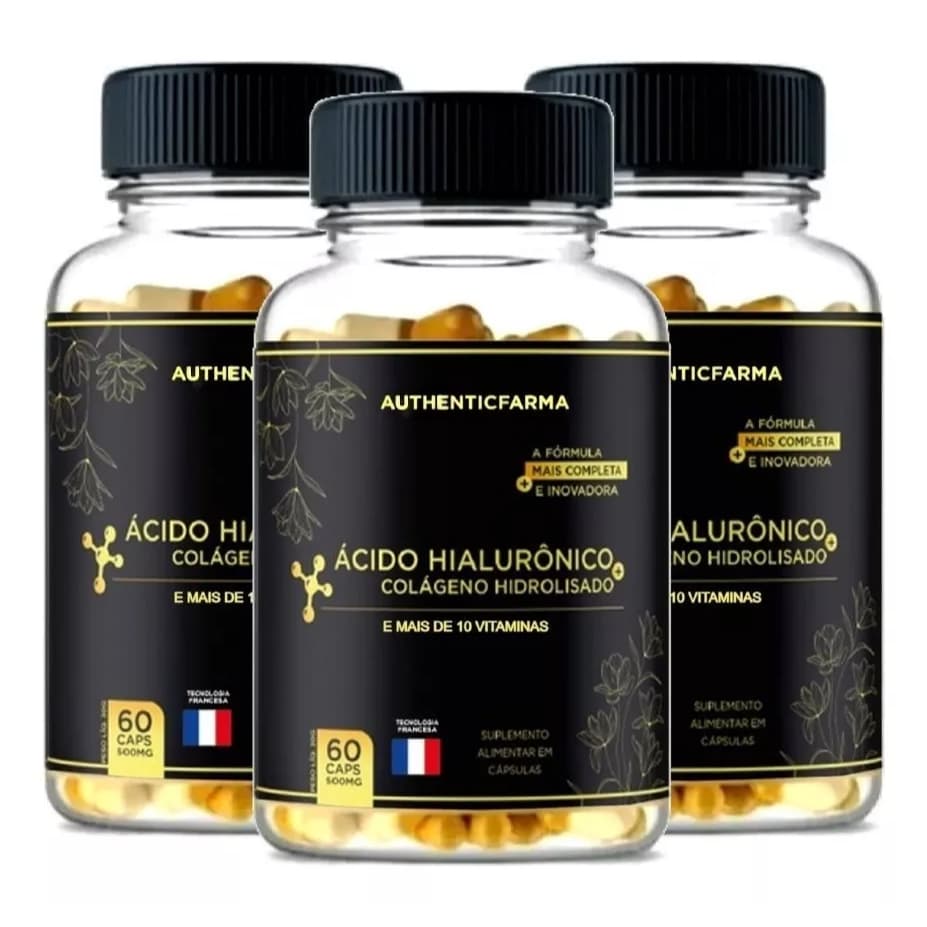 Kit 3 Colágeno Hidrolisado + Ácido Hialurônico E Vit C 180cp