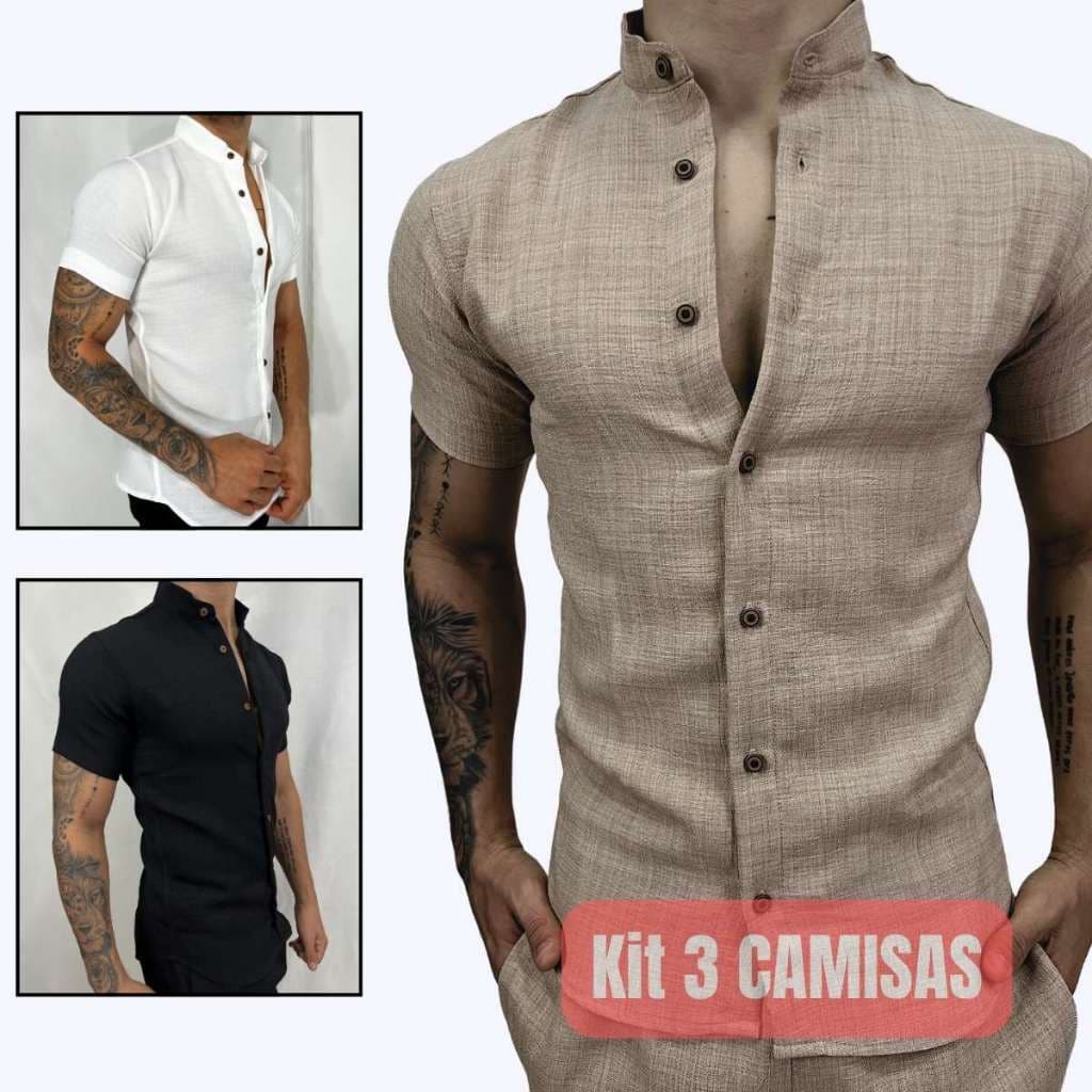 Kit 3 Camisa Social Gola Padre Camisa Masculina Social Gola Padre Camiseta Social Slim Fit Manga Curta Premium