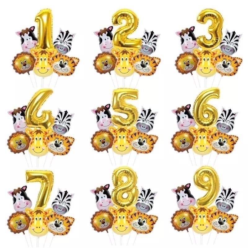 Kit balão número e 5 balões animais safari metalizado Dourado