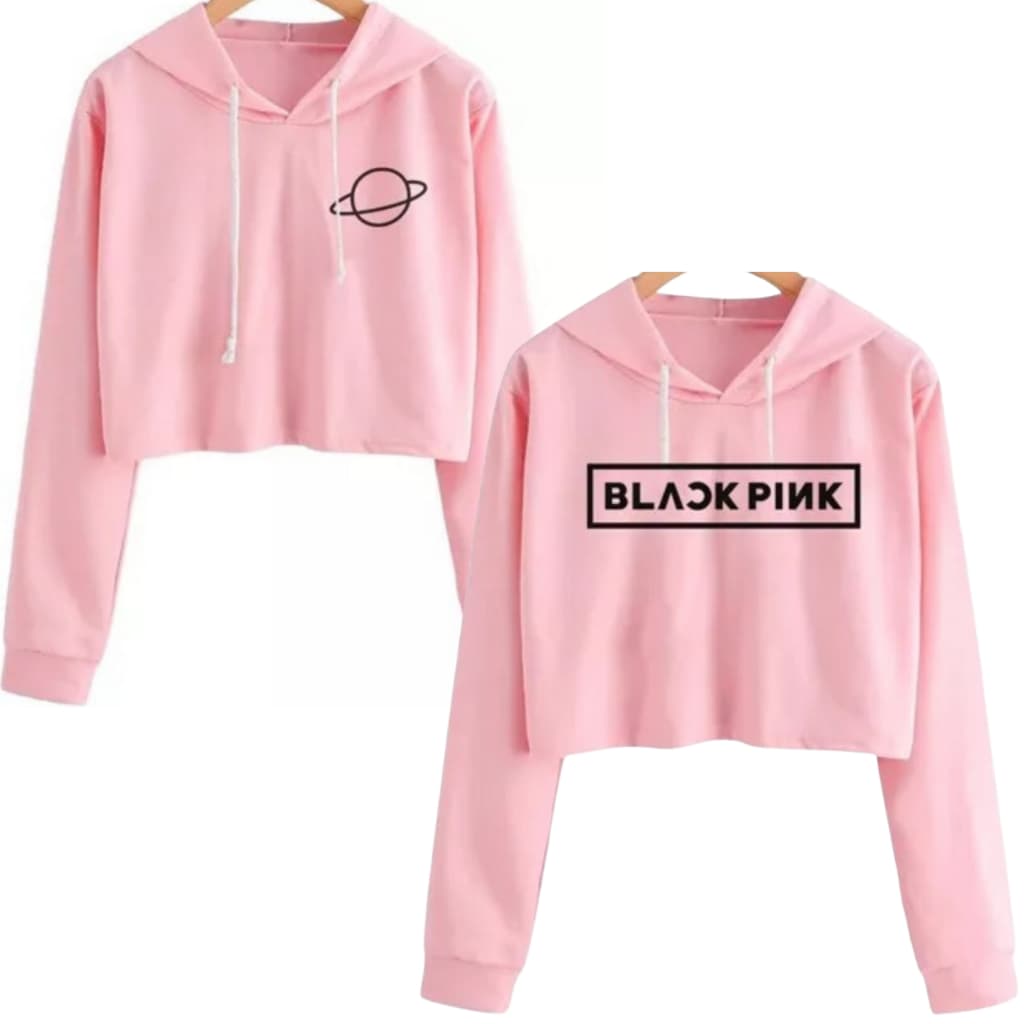 Kit com 2 cropped de moletom feminino cor de rosa Blackpink+Planetinha Basico