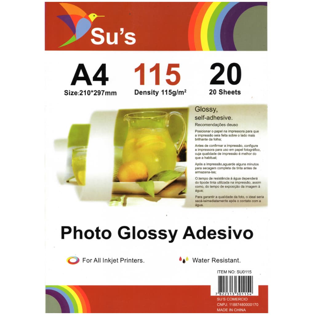 Papel Fotográfico Adesivo Su's A4 Glossy 115g Pacote