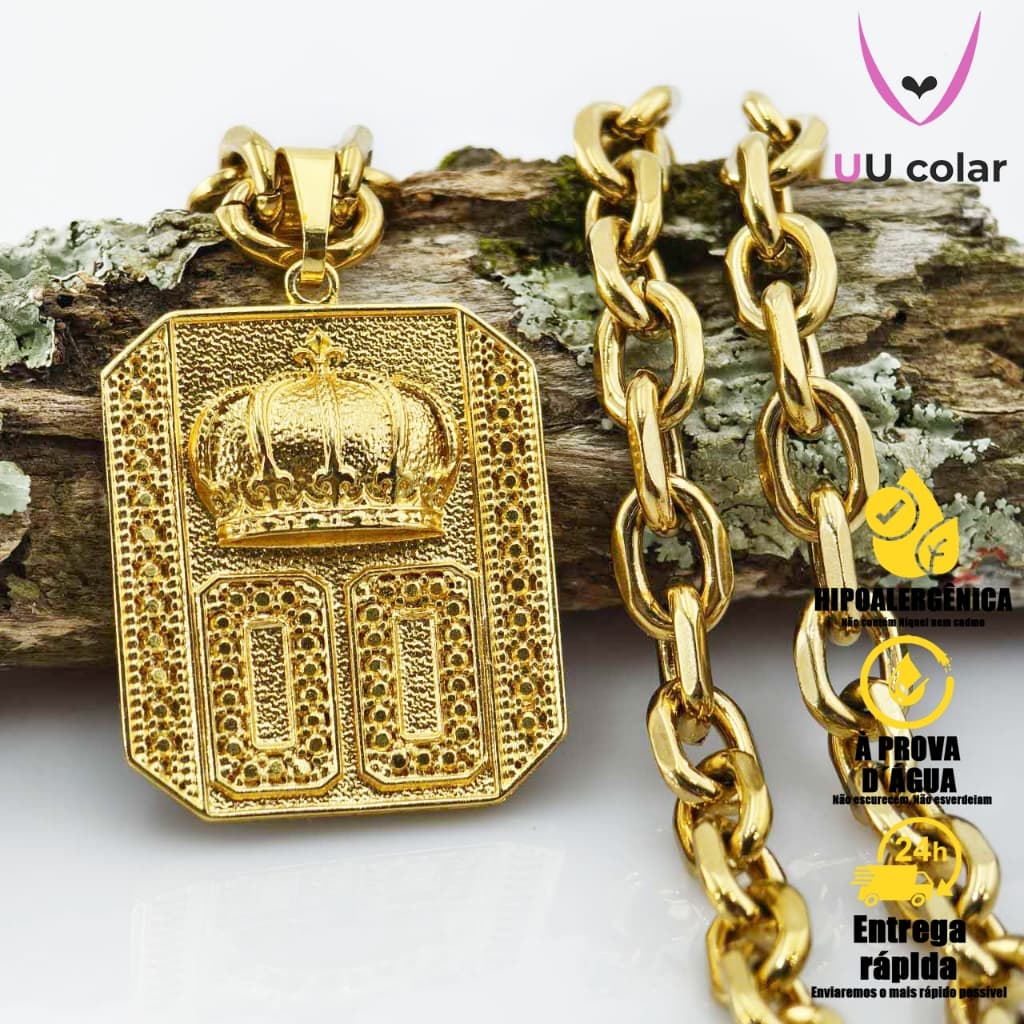 Colar de Corrente com Friso Triplo e Pingente Neymar 00 em Moeda - Luxo Banhado a Ouro 18K