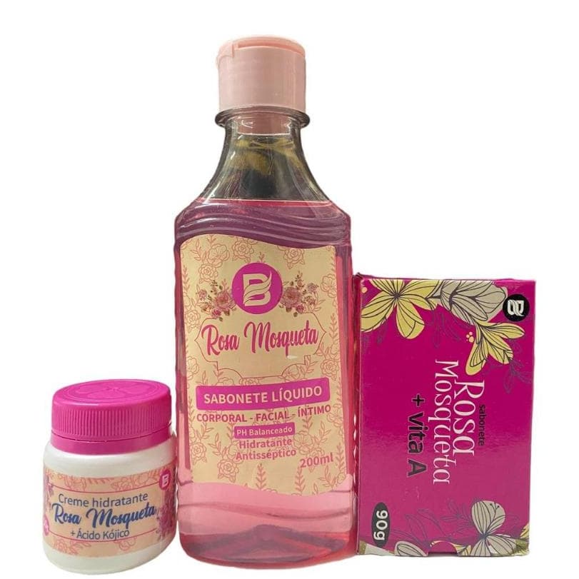 Kit Rosa Mosqueta Clareador com Creme Hidratante, Sabonete em Barra e Sabonete Líquido 3 Un. Baruc