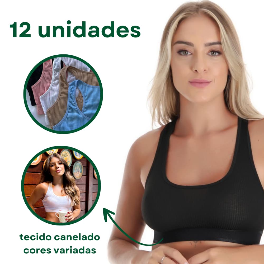 Kit 12 Top Yoga Fitness Nadador Canelado Roupa Íntima Esportiva Cropped Confortável Atacado Colorido