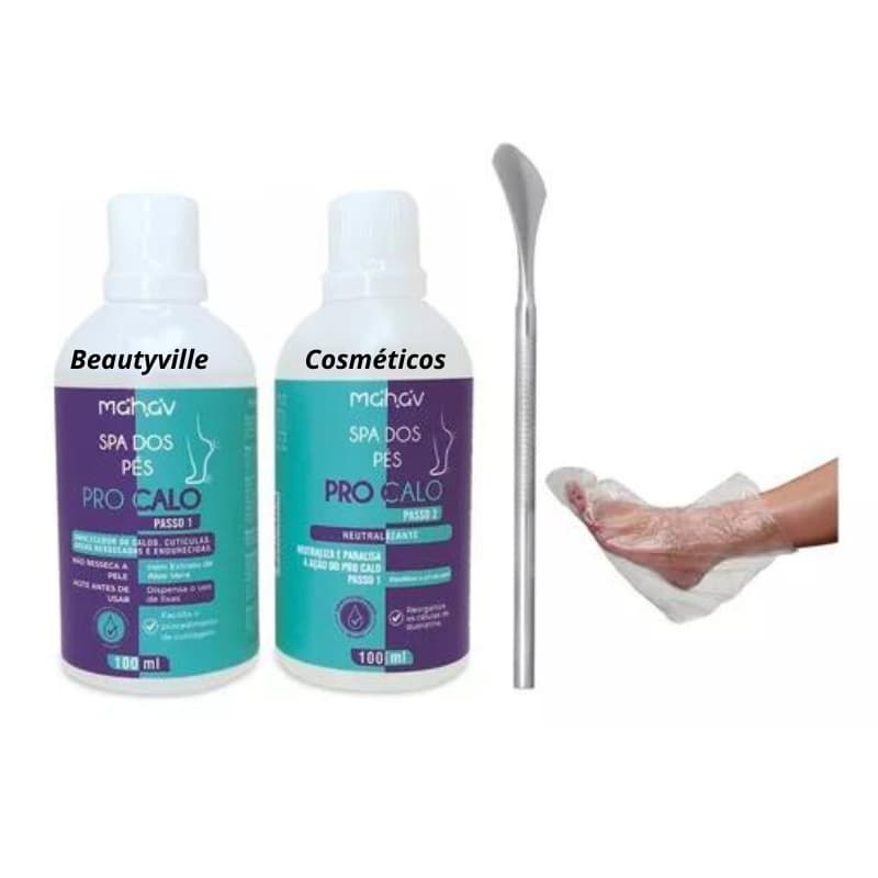 Kit PRO CALO MAHAV - Amolecedor Calos Cuticulas 100ml + Neutralizante 100ml + Espatu 222 + 100 Botas