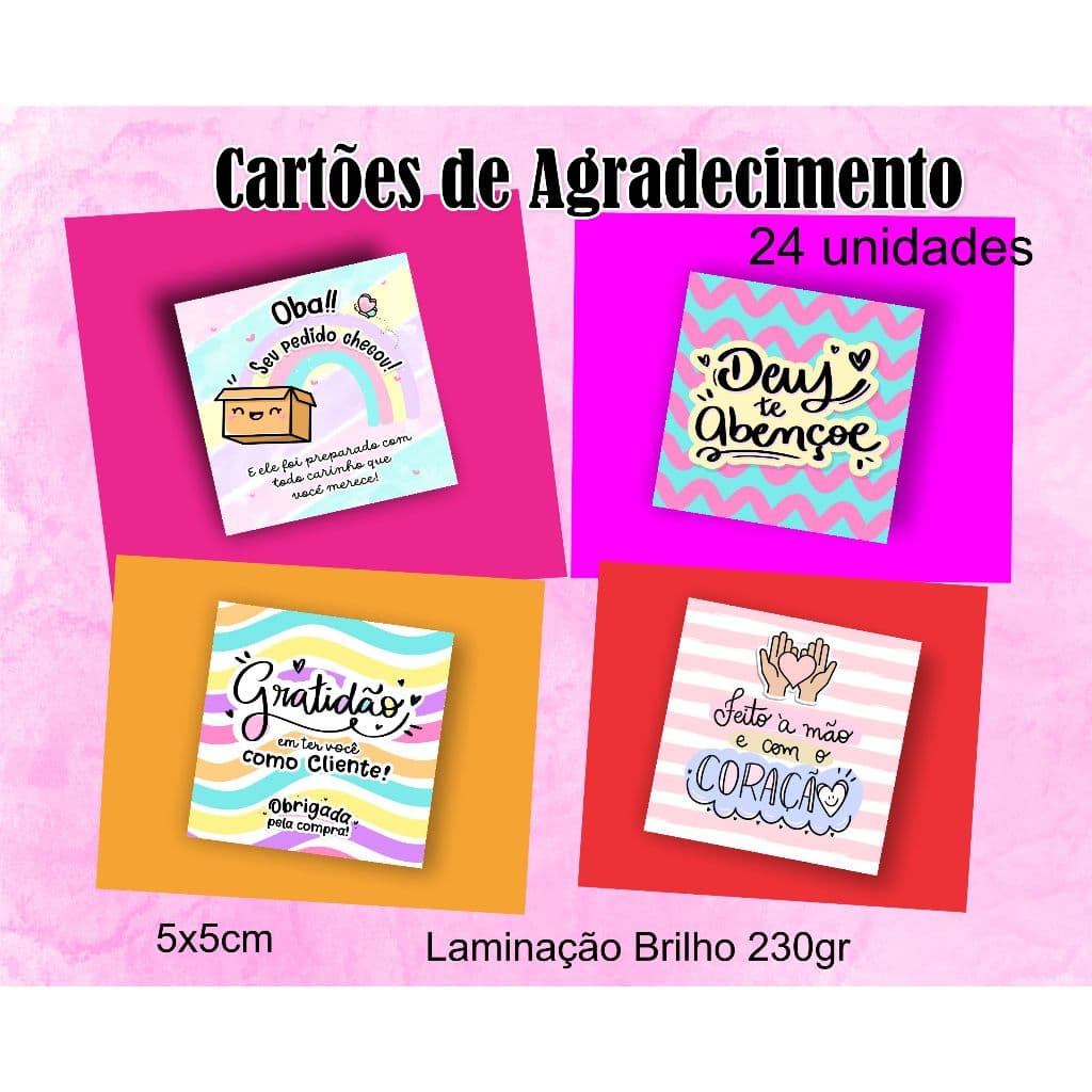 24 Tags personalizadas: Oba!, Gratidão, Deus te abençoe e Feito à mão e com o coração! Tamanho 5x5 papel cartão laminado