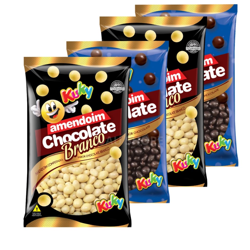 Kit 2 ou 4 Pacotes Amendoim Confeitado Sabor Chocolate e Chocolate Branco