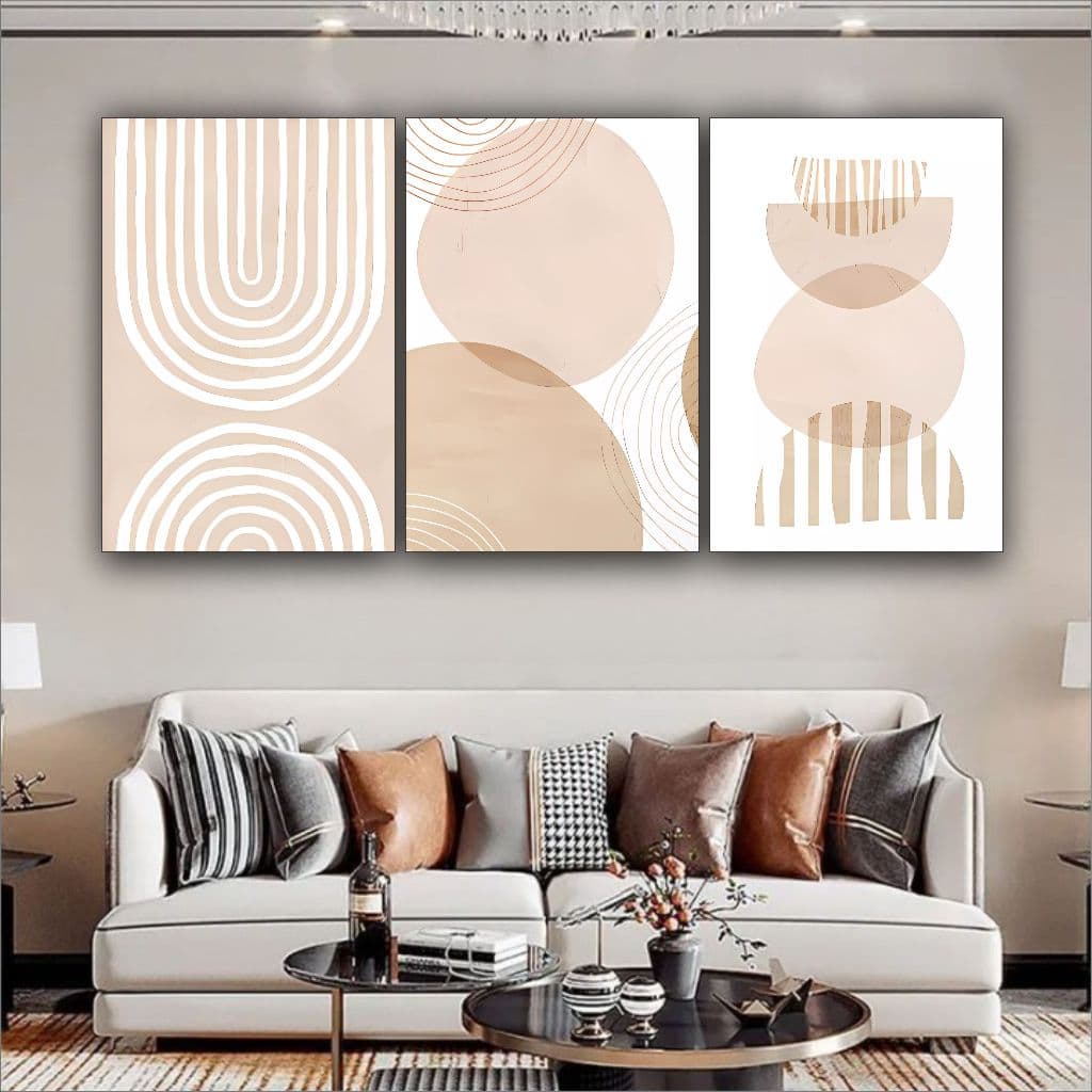 Quadro Decorativo Boho Linhas Bege Minimalista Sala Quarto 3 pç