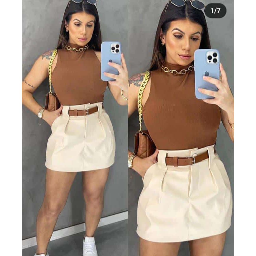 Conjunto Feminino de Alfaiataria Casual Chic • Short Saia + Gola Alta • Look Pronto para Sair