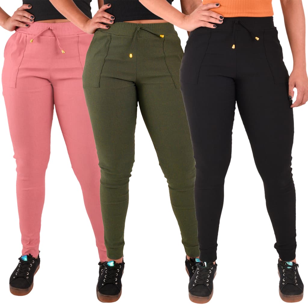 kit 3 Calças Feminina Jogger Slim Elastano Cintura Alta