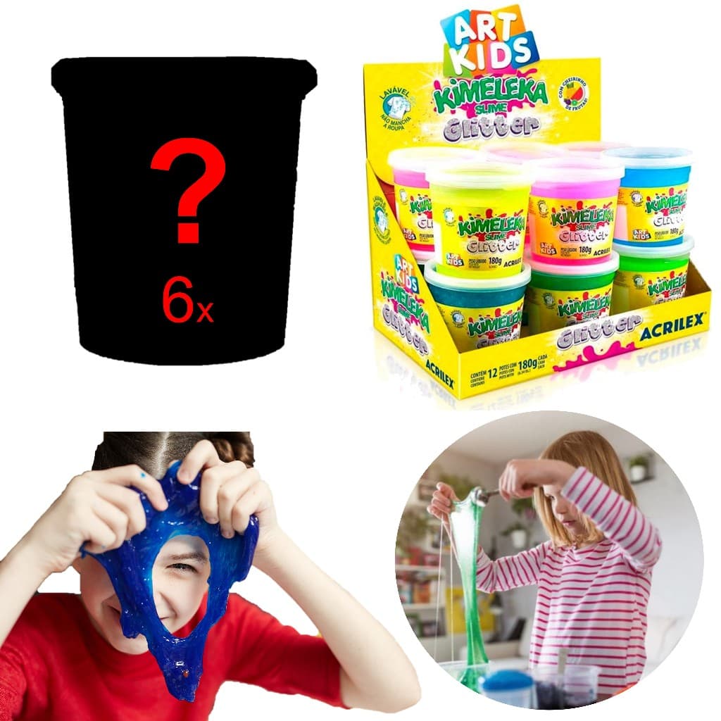 Kit 6 Slime Puxa Puxa Cores Diversas Glitter 180g Kimeleka