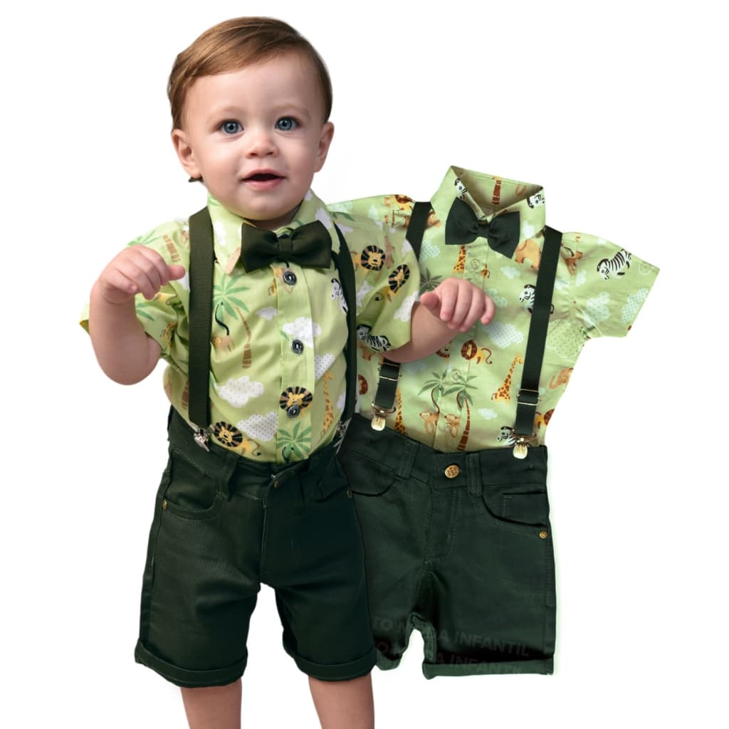 Roupa safari festa menino infantil conjunto Camisa Gravata Bermuda e Suspensório