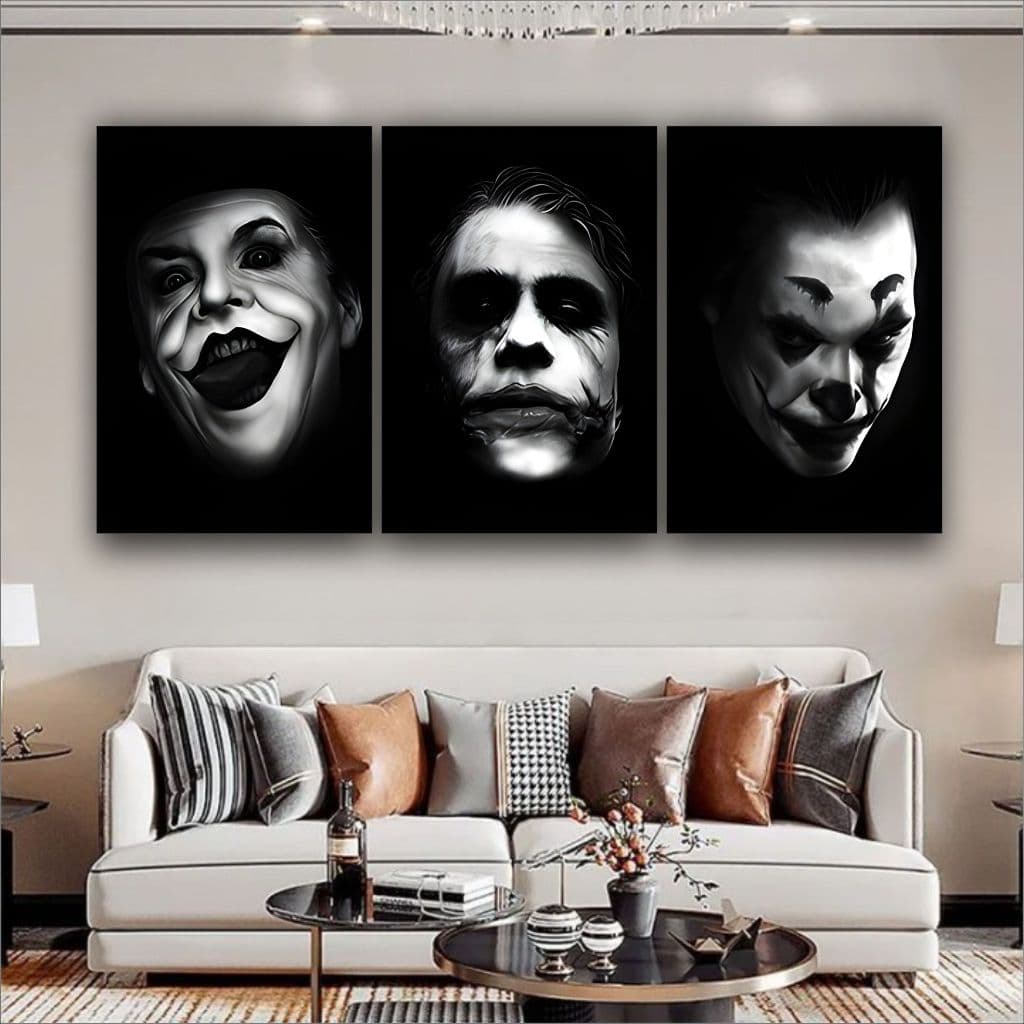 Quadro Decorativo Coringa Vilão Arte Preto E Branco 3 pç
