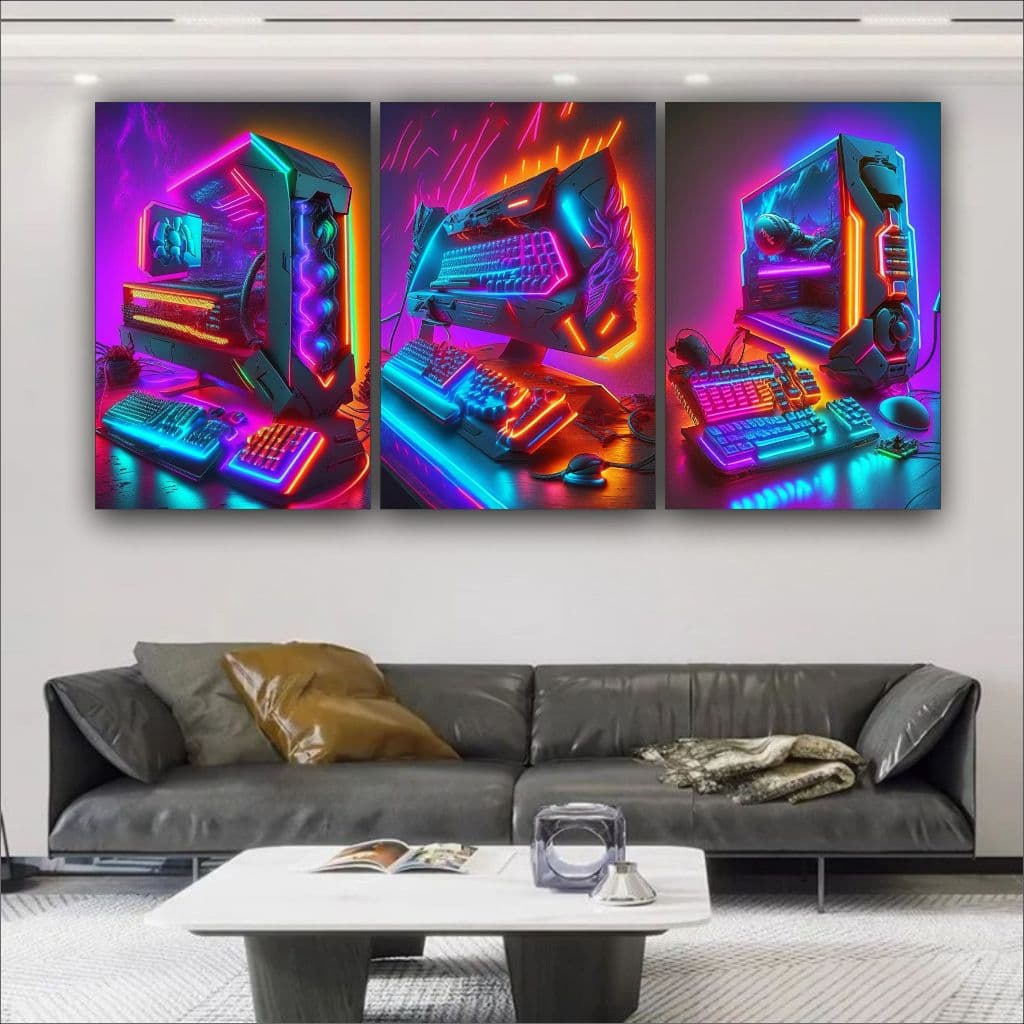 Quadro Decorativo Computador Gamer Jogo Neon Quarto 3 pç