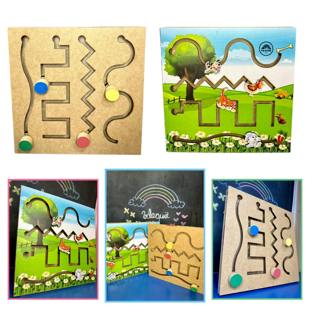 Brinquedo Educativo e Pedagógico Tabuleiro Linhas Vazadas em Madeira Painel Psicomotor 4 em Linhas