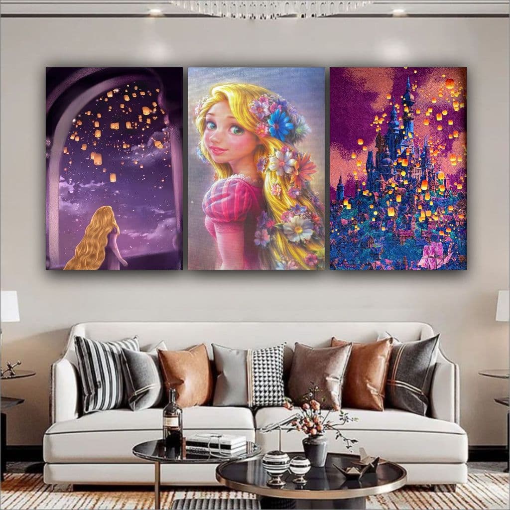 Quadro Decorativo Enrolados Rapunzel Princesa Luz Lanternas 3 pç