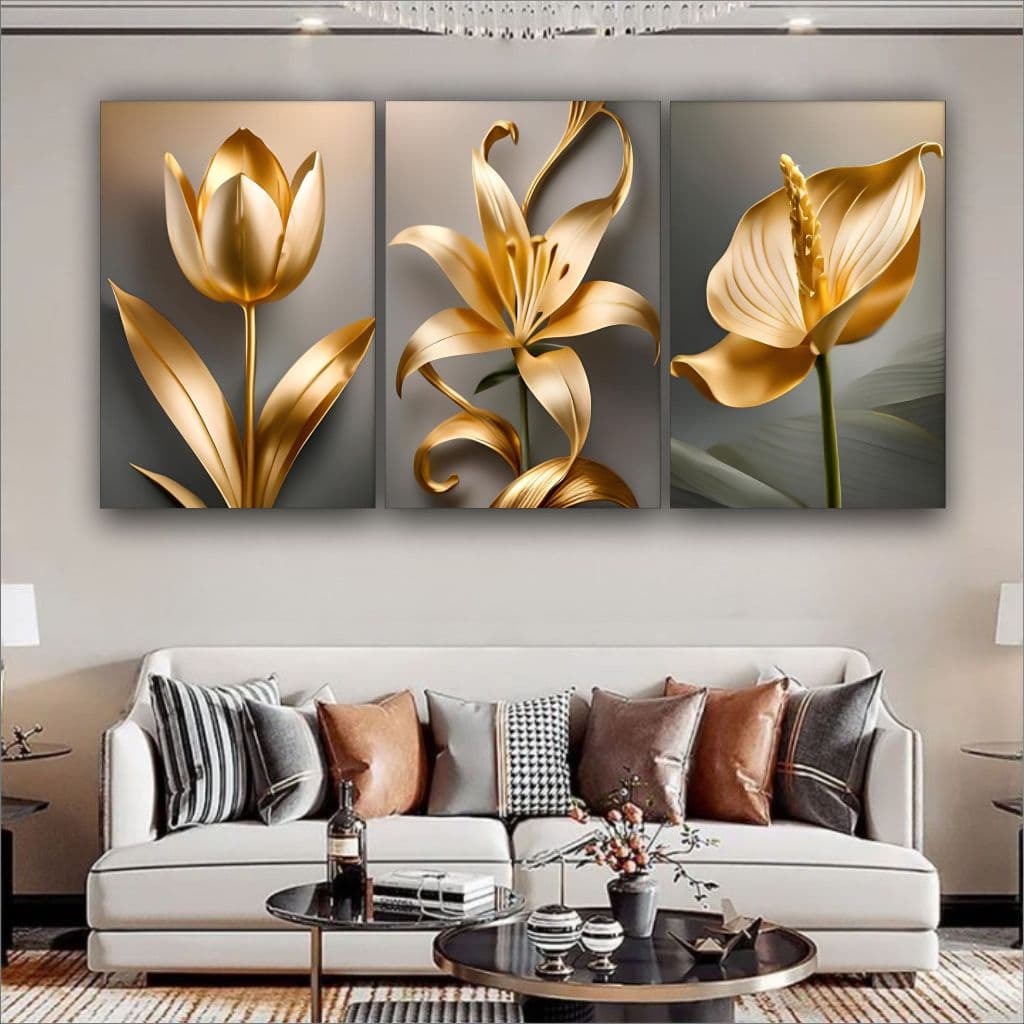 Quadro Decorativo Flor Dourada Minimalista Elegante Casa 3 pç