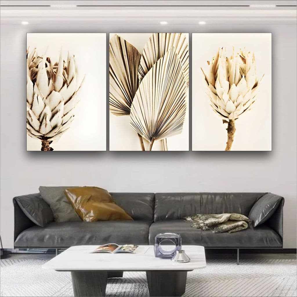 Quadro Decorativo Flor Folha Bege Tons Neutros Elegante 3 pç