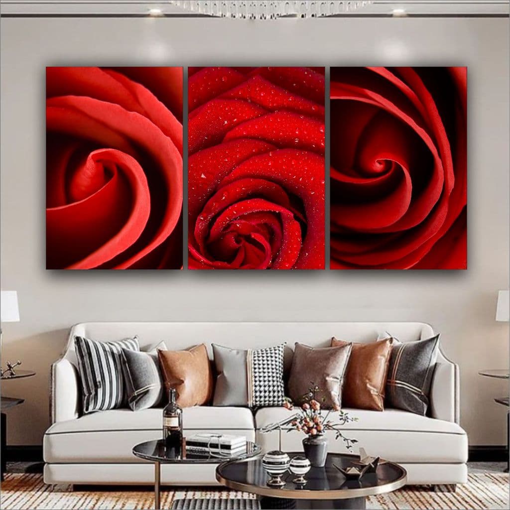 Quadro Decorativo Flores Botão De Rosa Vermelha Elegante 3 pç