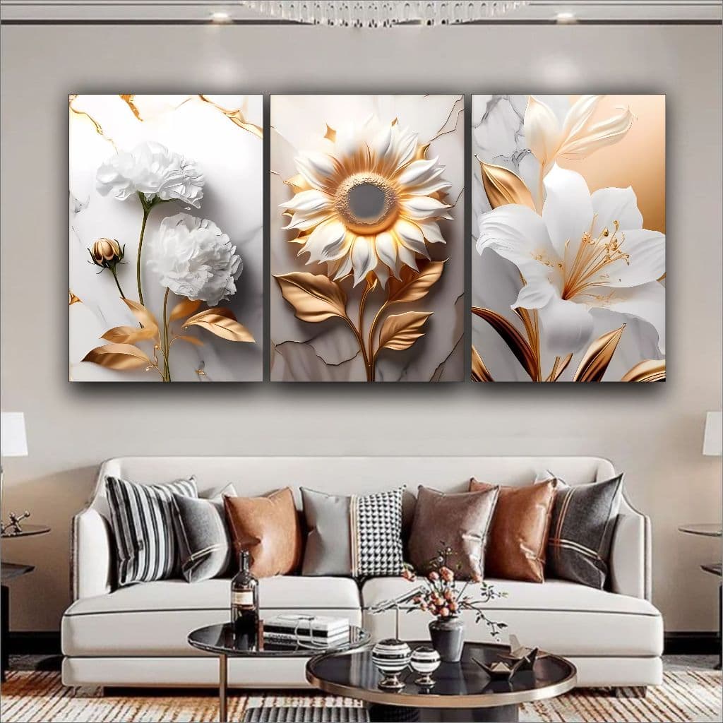 Quadro Decorativo Flores Brancas Douradas Luxo Sala Quarto 3 pç