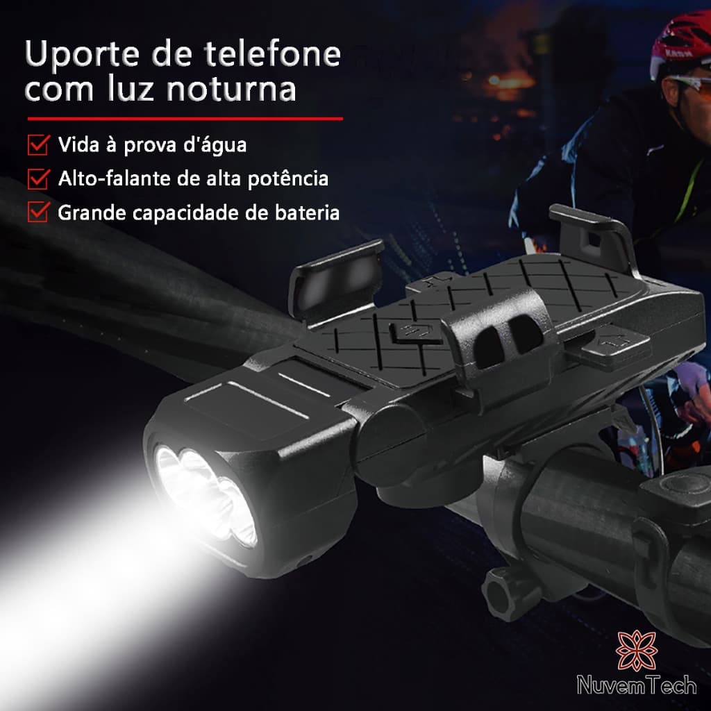 Lanterna Farol Bicicleta Bike Luz T6 LED Recarregável 4 Em 1 Com Buzina Suporte Celular USB Power Bank À Prova D'Água