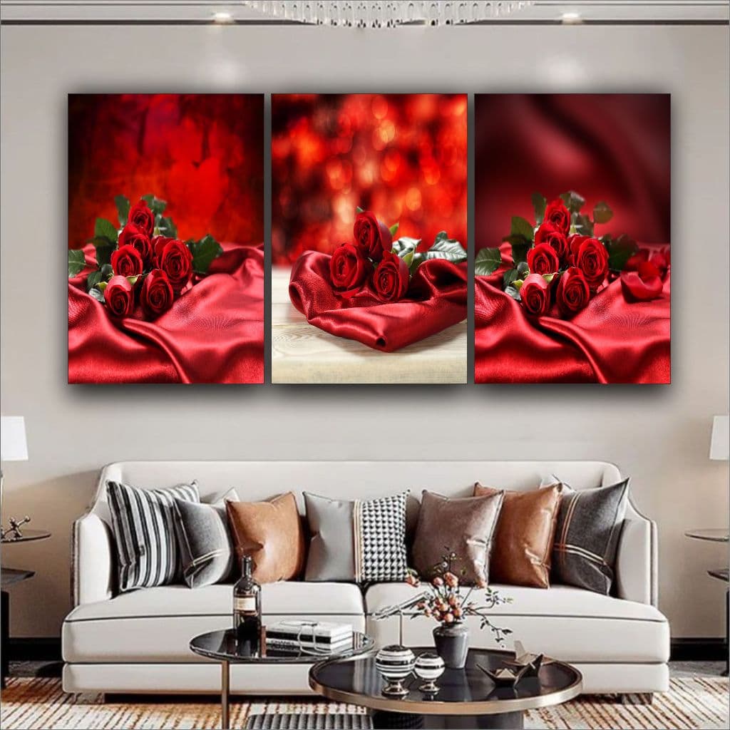 Quadro Decorativo Flores Buquê De Rosas Vermelhas Romântico 3 pç