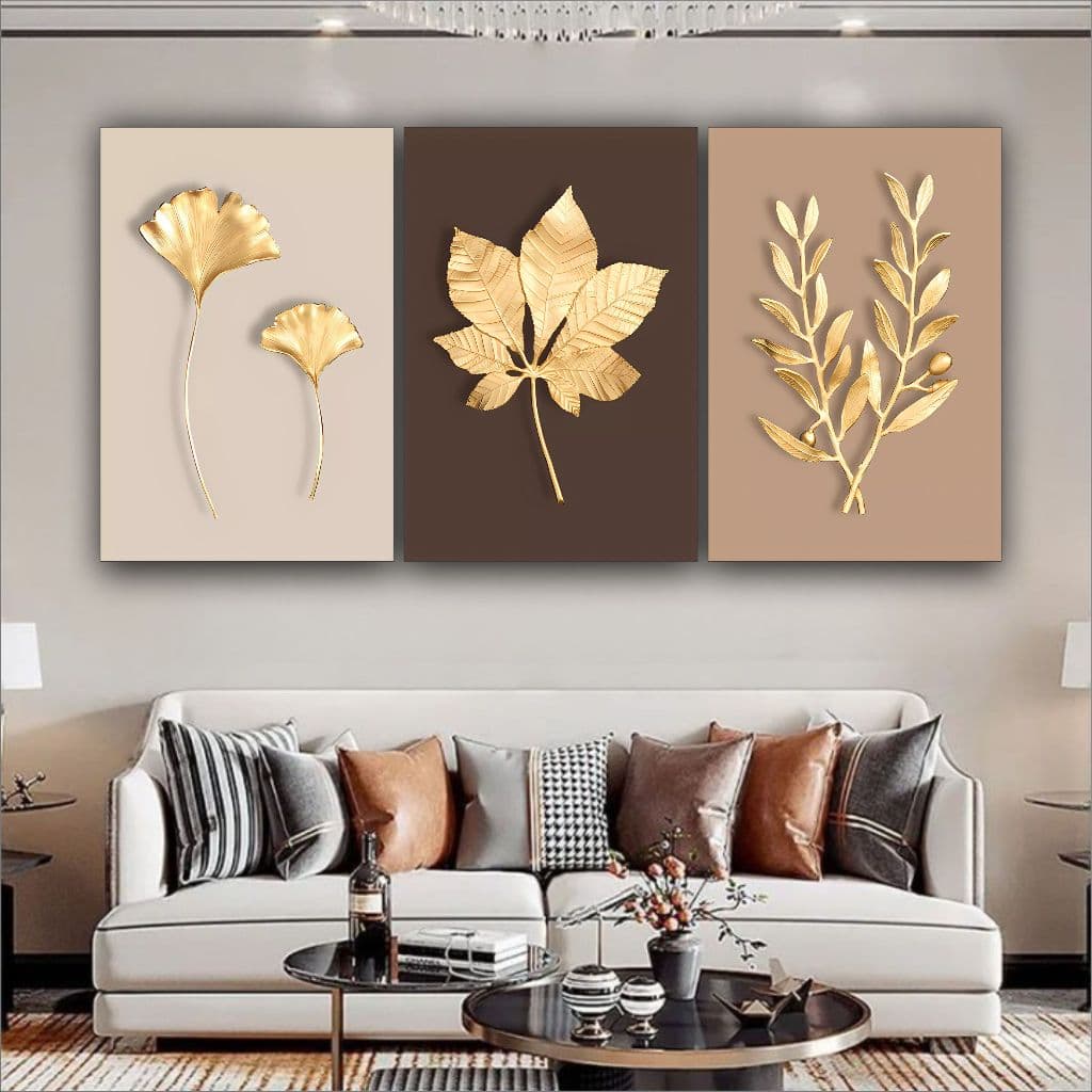 Quadro Decorativo Folha Dourada Moderno Sala Quarto 3 pç